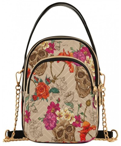 Retro Skull Crossbody Bags for Women Quilted Chain Crossbody Purses Trendy Colorful Flowers Cross Body Phone Purse Handbag $1...