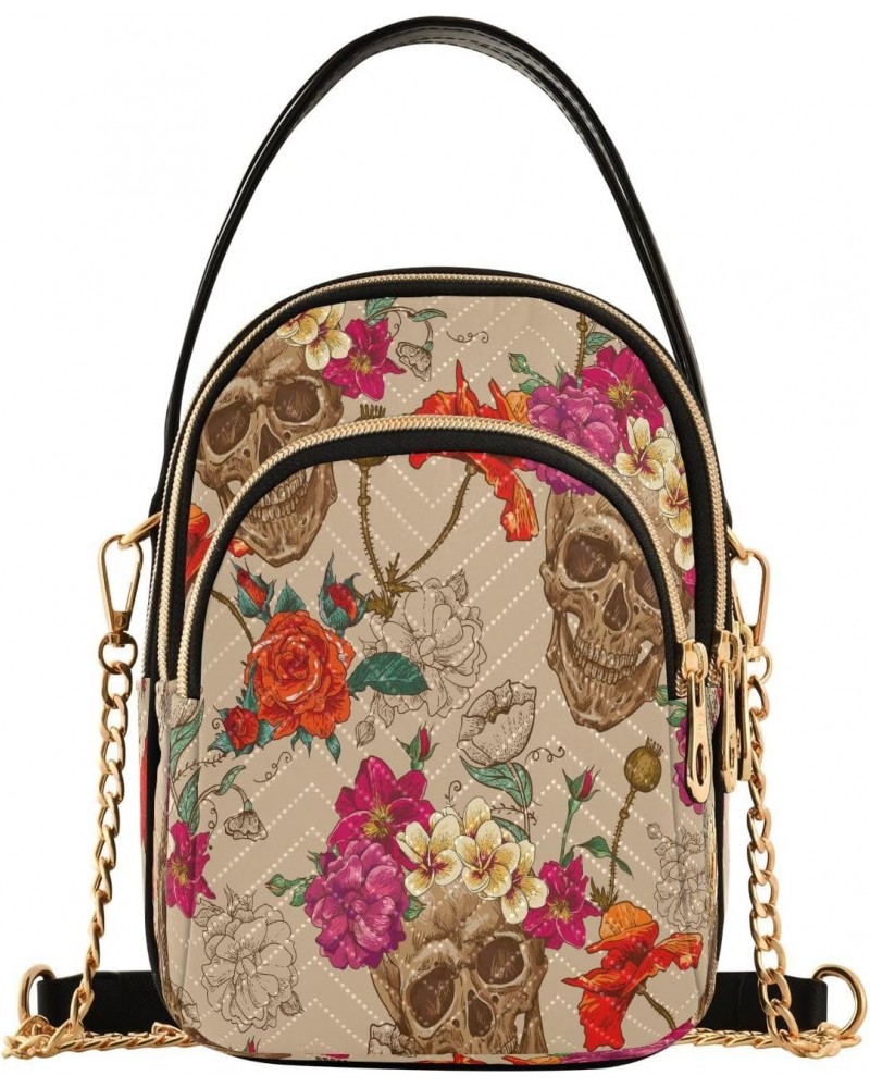 Retro Skull Crossbody Bags for Women Quilted Chain Crossbody Purses Trendy Colorful Flowers Cross Body Phone Purse Handbag $1...