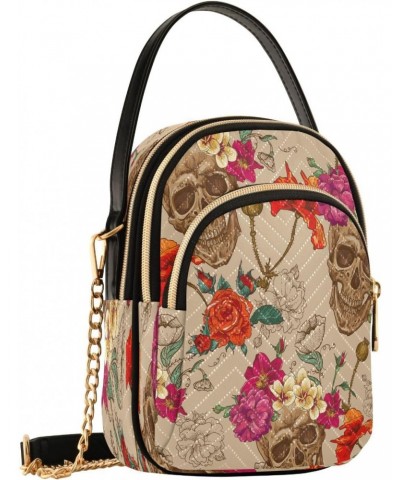 Retro Skull Crossbody Bags for Women Quilted Chain Crossbody Purses Trendy Colorful Flowers Cross Body Phone Purse Handbag $1...