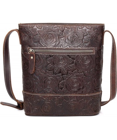 Genuine Leather Shoulder Bag for Women Crossbody Bag Satchel Vintage Embossing Rose 11coffee $36.95 Crossbody Bags