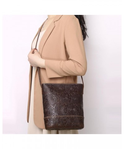 Genuine Leather Shoulder Bag for Women Crossbody Bag Satchel Vintage Embossing Rose 11coffee $36.95 Crossbody Bags