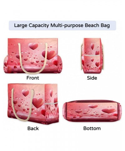 Red Love Hearts Pattern Beach Bags for Women Large Tote Bag with Zipper and Pockets Waterproof Sandproof Accessories Swim Poo...