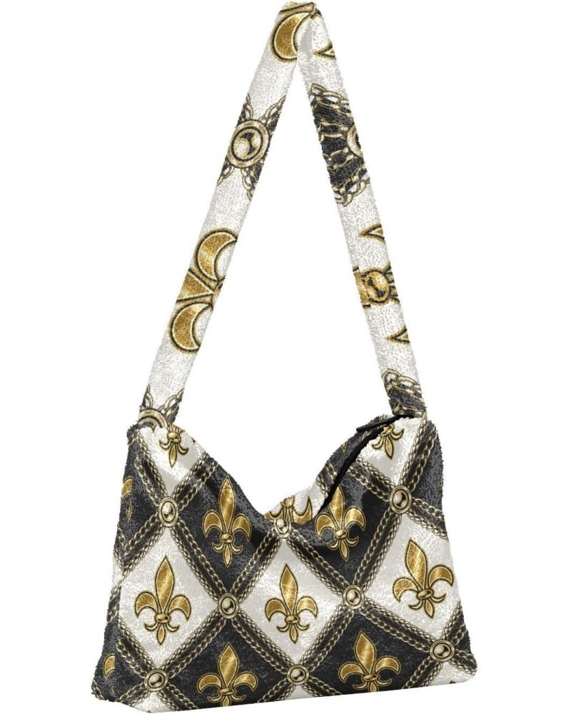 Mardi Gras Women Boho Handbag Gorgeous Fleur De Lis Golden Underarm Bag Tote Bag Shoulder Bag Crossbody Bag Fluffy Cell Phone...