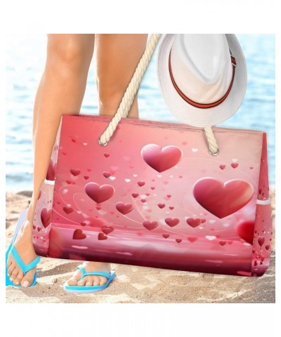 Red Love Hearts Pattern Beach Bags for Women Large Tote Bag with Zipper and Pockets Waterproof Sandproof Accessories Swim Poo...