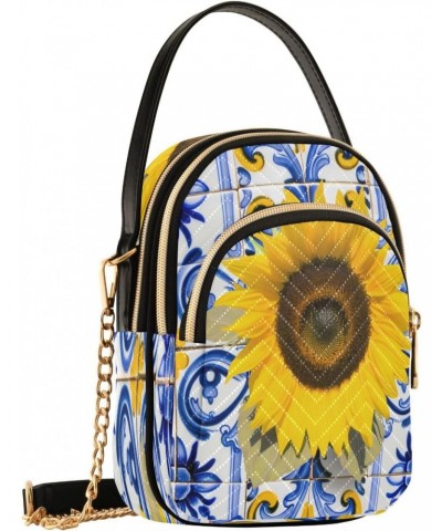 Artistic Sunflower Crossbody Bags for Women Quilted Shoulder Bag Handbag with Chain Strap Mystical Trendy Cross Body Cell Pho...