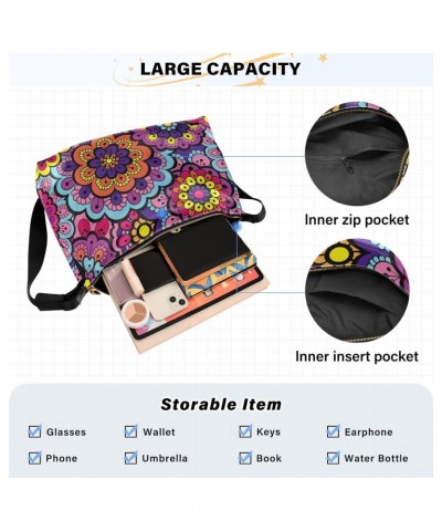 Crossbody Purse Shoulder Bag for Women-Ethnic Flower Pattern Print, Large Capacity Leather Handbags Zipper Closure with Fabri...