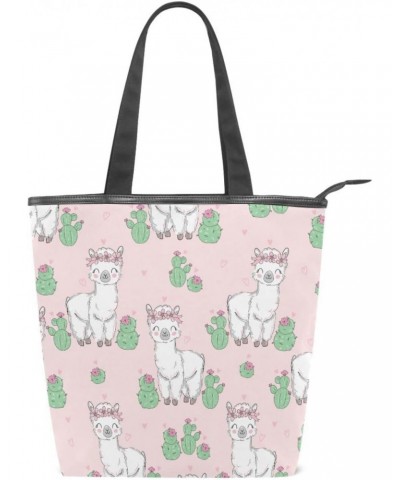 Cute Alpaca Llama with Cactus Tote Handbag for Women Tote Bag, Canvas + leather Shoulder Bag, Hobo bag, Satchel Purse(237ri1c...