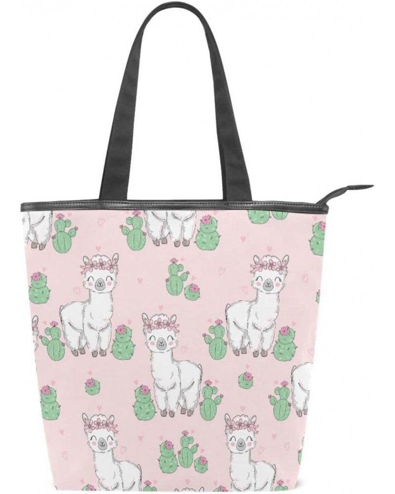 Cute Alpaca Llama with Cactus Tote Handbag for Women Tote Bag, Canvas + leather Shoulder Bag, Hobo bag, Satchel Purse(237ri1c...