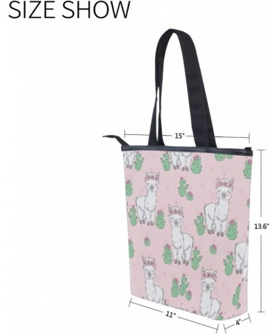 Cute Alpaca Llama with Cactus Tote Handbag for Women Tote Bag, Canvas + leather Shoulder Bag, Hobo bag, Satchel Purse(237ri1c...