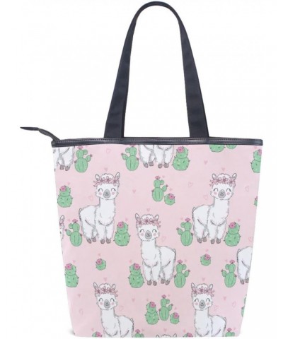 Cute Alpaca Llama with Cactus Tote Handbag for Women Tote Bag, Canvas + leather Shoulder Bag, Hobo bag, Satchel Purse(237ri1c...