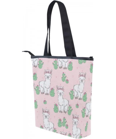 Cute Alpaca Llama with Cactus Tote Handbag for Women Tote Bag, Canvas + leather Shoulder Bag, Hobo bag, Satchel Purse(237ri1c...