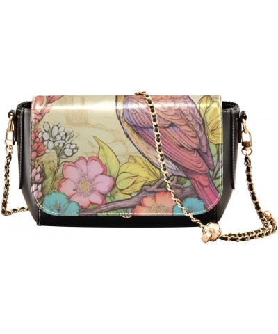 Bird and Flowers Leather Crossbody Bag for Women Small Handbag with Chain Strap, Flip-Top Crossbody Purse $17.20 Crossbody Bags