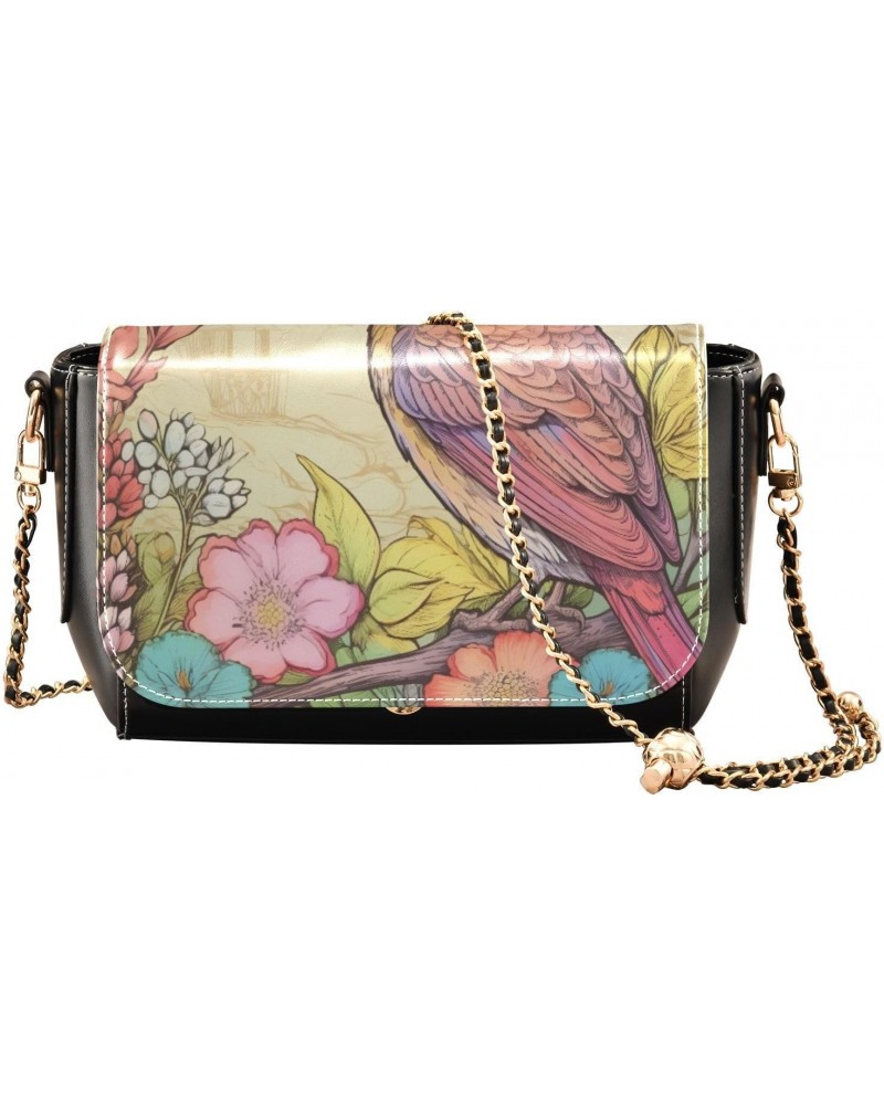 Bird and Flowers Leather Crossbody Bag for Women Small Handbag with Chain Strap, Flip-Top Crossbody Purse $17.20 Crossbody Bags