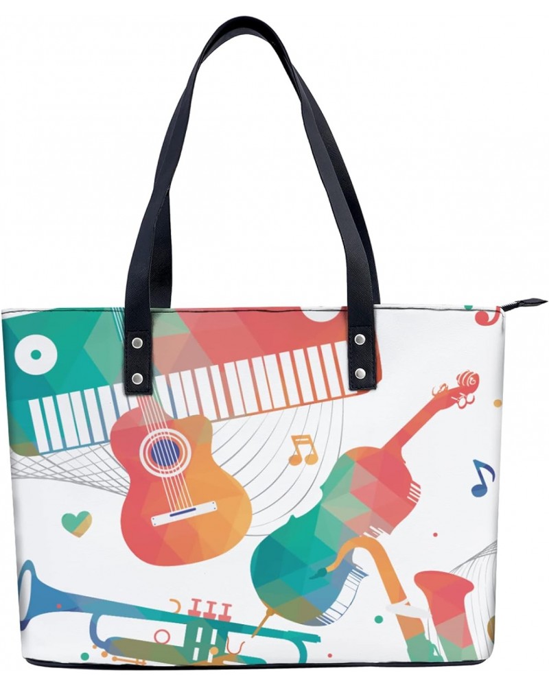 Colorful Musical Instruments Tote Bag Lightweight Handbag for Shopping Gym Hiking Travel Pool Yoga Shoulder Bag with Outer Zi...