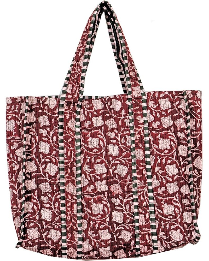 Quilted Cotton Handprinted Reversible Large multicolor Floral Tote Bag Maroon Cotton $17.39 Totes