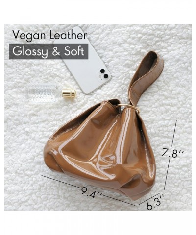 Women's Glossy Clutch Patent Vegan Leather Hobo Top Handle Bag Small Tote Brown $14.05 Totes