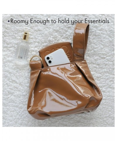 Women's Glossy Clutch Patent Vegan Leather Hobo Top Handle Bag Small Tote Brown $14.05 Totes