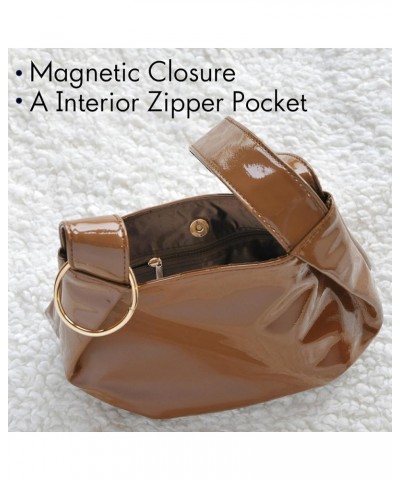 Women's Glossy Clutch Patent Vegan Leather Hobo Top Handle Bag Small Tote Brown $14.05 Totes