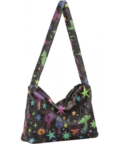 Plush Underarm Bag, (Neon Mushroom Star) Fluffy Shoulder Bag Women Ladies Tote Bag, Cute Furry Purse, Small Handbag Bag for A...