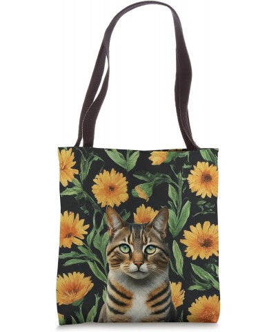 Domestic Shorthair Cat Vintage Yellow Calendula Spring Plant Tote Bag $15.92 Totes