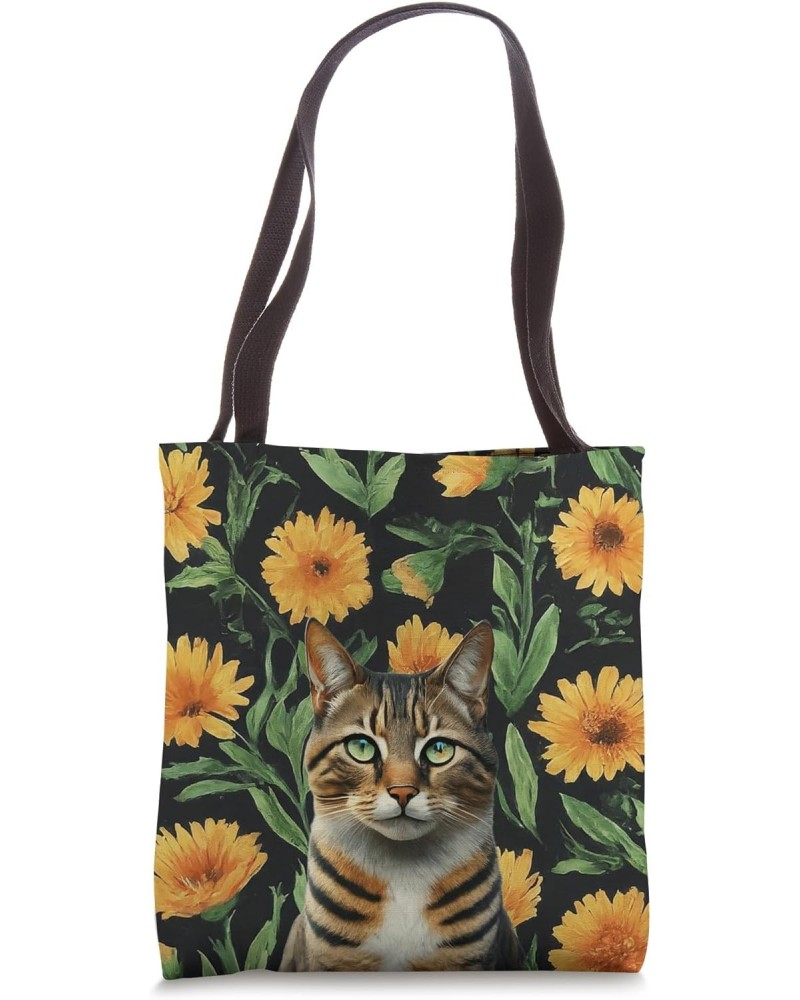 Domestic Shorthair Cat Vintage Yellow Calendula Spring Plant Tote Bag $15.92 Totes