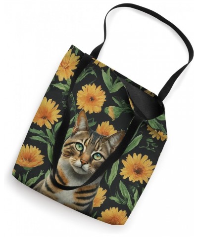 Domestic Shorthair Cat Vintage Yellow Calendula Spring Plant Tote Bag $15.92 Totes