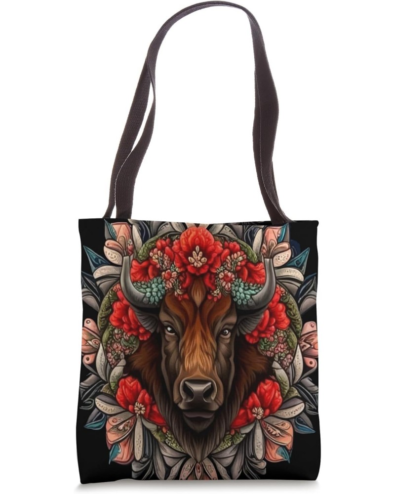 American bison Surrounded By A Wreath Of Indian Paintbrush Tote Bag $9.40 Totes