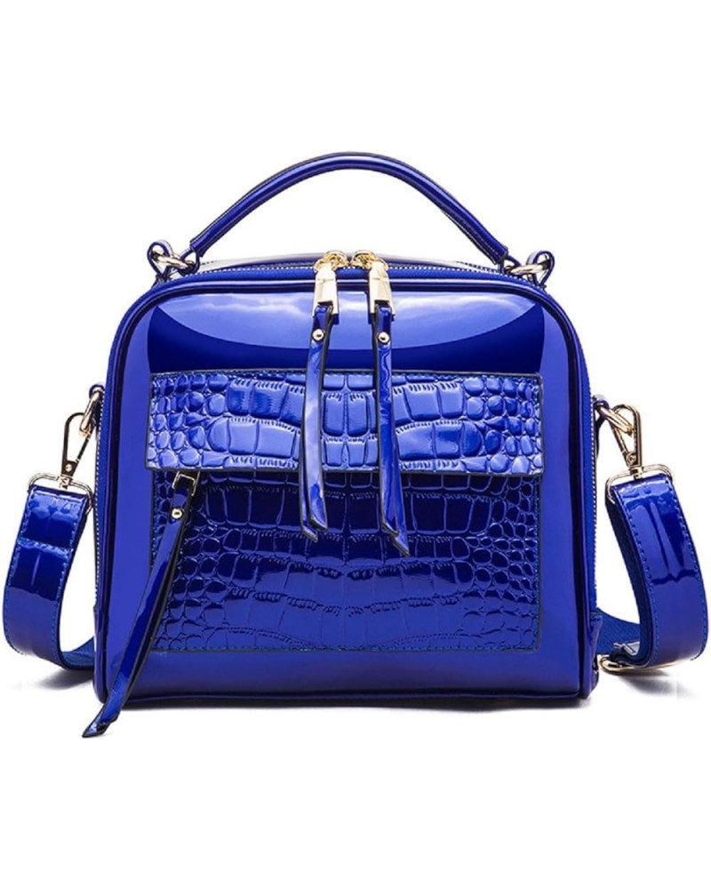 Shiny Faux Leather Handbags Double Zipper Top Handle Purse Satchel Bag Crocodile Pattern Shoulder Bag for Women Blue $19.67 S...