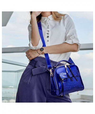 Shiny Faux Leather Handbags Double Zipper Top Handle Purse Satchel Bag Crocodile Pattern Shoulder Bag for Women Blue $19.67 S...