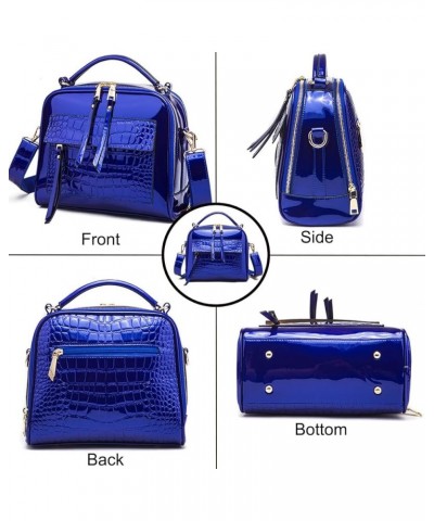 Shiny Faux Leather Handbags Double Zipper Top Handle Purse Satchel Bag Crocodile Pattern Shoulder Bag for Women Blue $19.67 S...