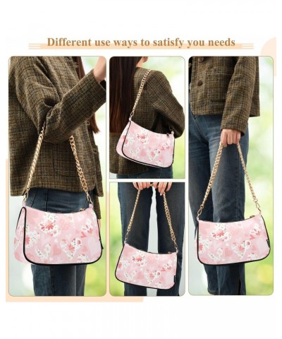 Pink Hearts with Spring Flowers Shoulder Handbags for Women Travel Hobo Tote Handbag Women Gold Chain Shoulder Bags Purse wit...