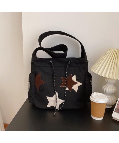 Women's Japanese Harajuku Large Canvas Bag Star Preppy Aesthetic Shoulder Bag Fairycore Kawaii Y2K Crossbody Bag Black $16.95...