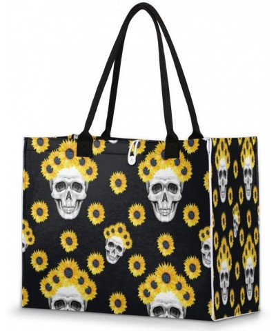 Skull Sunflower Yellow Large Tote Bag Skull Floral Shoulder Bag For Women Teachers Nurses Work Shopping Travel Handbag Purse ...