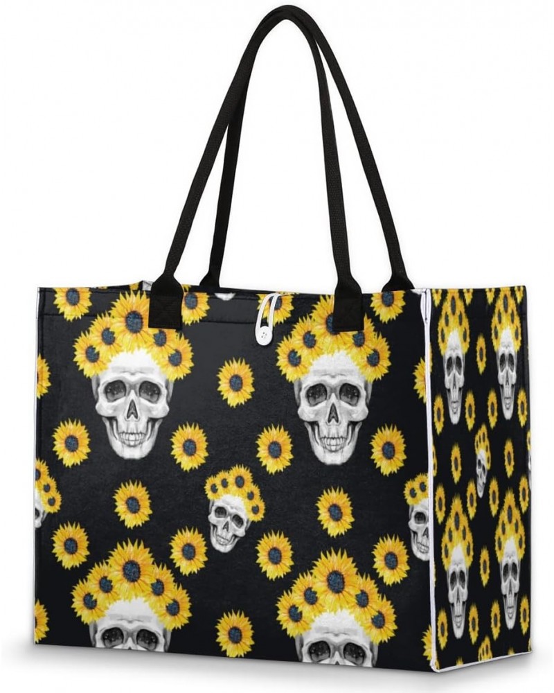 Skull Sunflower Yellow Large Tote Bag Skull Floral Shoulder Bag For Women Teachers Nurses Work Shopping Travel Handbag Purse ...