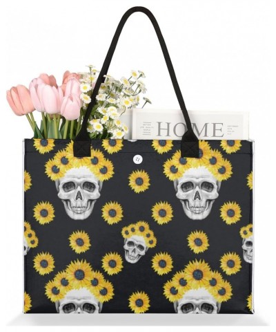 Skull Sunflower Yellow Large Tote Bag Skull Floral Shoulder Bag For Women Teachers Nurses Work Shopping Travel Handbag Purse ...