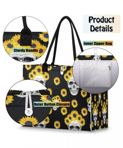 Skull Sunflower Yellow Large Tote Bag Skull Floral Shoulder Bag For Women Teachers Nurses Work Shopping Travel Handbag Purse ...