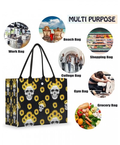 Skull Sunflower Yellow Large Tote Bag Skull Floral Shoulder Bag For Women Teachers Nurses Work Shopping Travel Handbag Purse ...