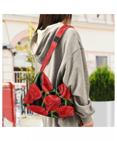 Spring Women Boho Handbag Red Vibrant Rose Underarm Bag Tote Bag Shoulder Bag Crossbody Bag Fluffy Cell Phone Purse Lady Trav...