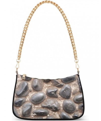 Women Chain Shoulder Purse Bag With Zipper Cobblestone Wall Print, Pebble Rock Texture Hobo Tote Clutch Handbags with Chain S...