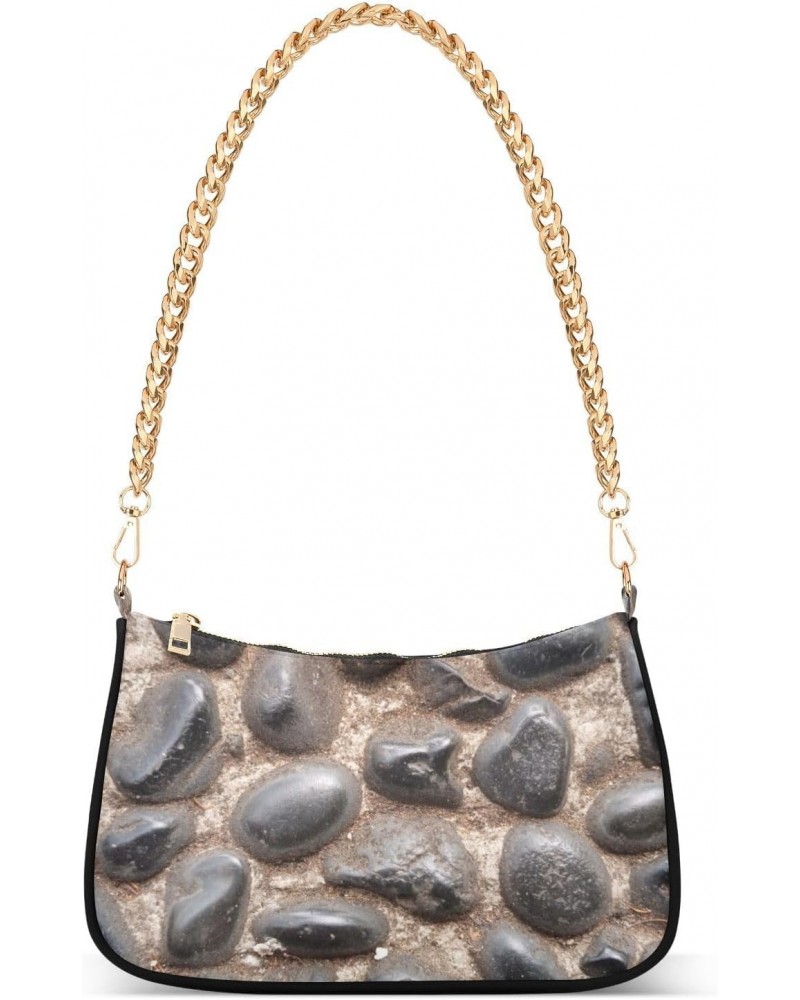 Women Chain Shoulder Purse Bag With Zipper Cobblestone Wall Print, Pebble Rock Texture Hobo Tote Clutch Handbags with Chain S...