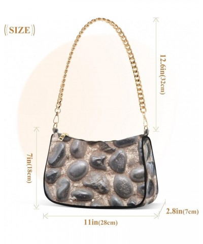 Women Chain Shoulder Purse Bag With Zipper Cobblestone Wall Print, Pebble Rock Texture Hobo Tote Clutch Handbags with Chain S...