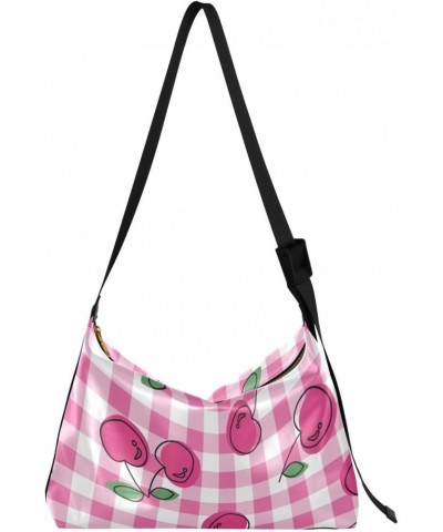 Pink Cherry Gingham Checkered Crossbody Bags for Women PU Leather Large Shoulder Bag Hobo Purse $18.80 Hobo Bags