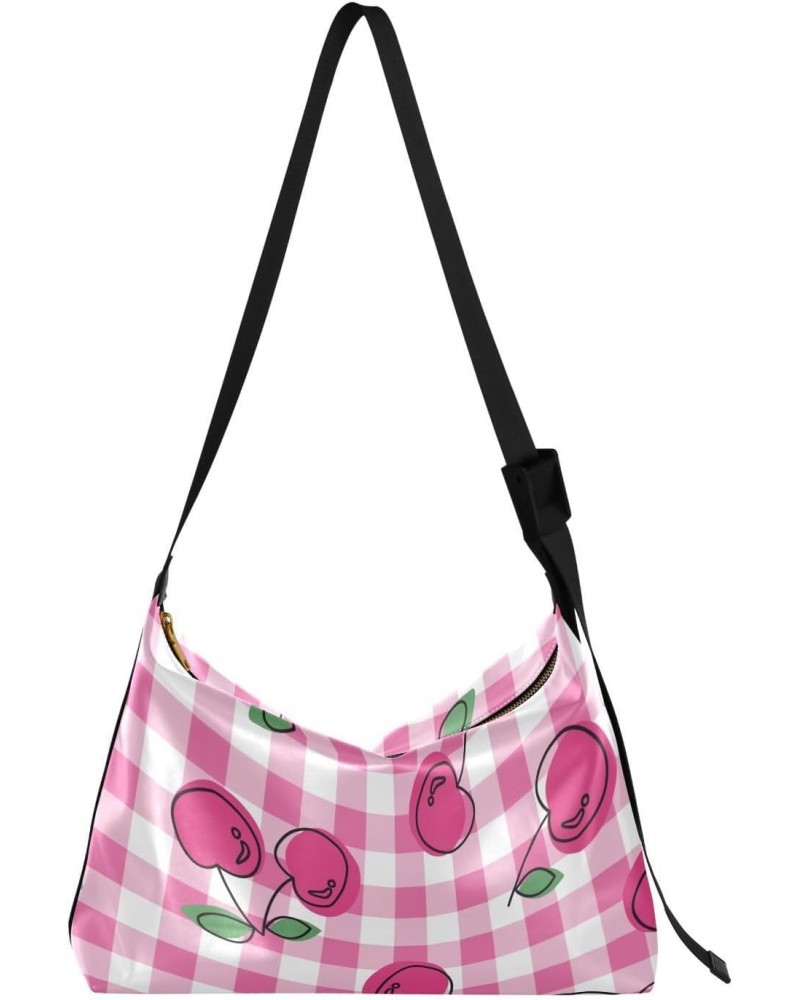 Pink Cherry Gingham Checkered Crossbody Bags for Women PU Leather Large Shoulder Bag Hobo Purse $18.80 Hobo Bags