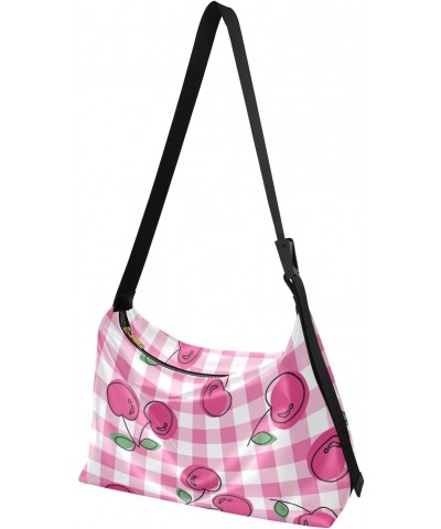 Pink Cherry Gingham Checkered Crossbody Bags for Women PU Leather Large Shoulder Bag Hobo Purse $18.80 Hobo Bags