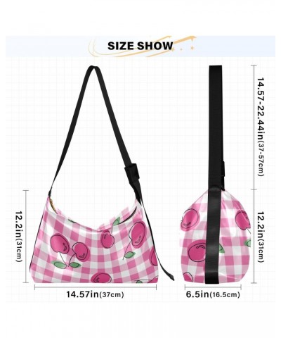 Pink Cherry Gingham Checkered Crossbody Bags for Women PU Leather Large Shoulder Bag Hobo Purse $18.80 Hobo Bags