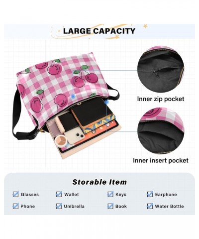 Pink Cherry Gingham Checkered Crossbody Bags for Women PU Leather Large Shoulder Bag Hobo Purse $18.80 Hobo Bags