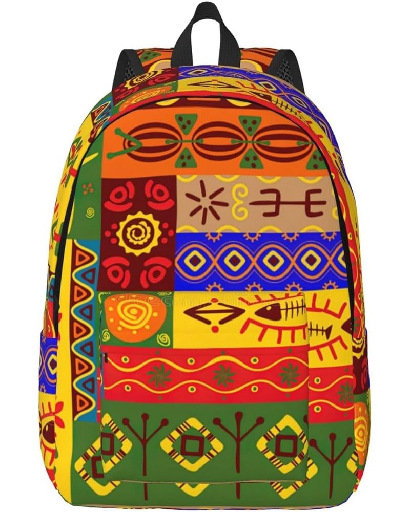 African National Patterns Print Casual Double Shoulder Daypack,Anti-Theft Travel Canvas Backpack For Men And Women Black Medi...