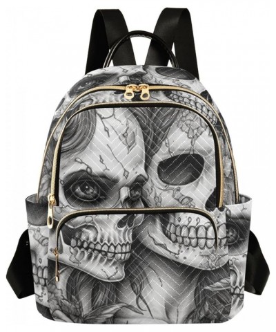 Women's Medium Fashion Backpack Black White Skulls Floral Print Ladies Travel Daypack Aesthetic Shoulder Bag 10.2×5.1×12.5 IN...