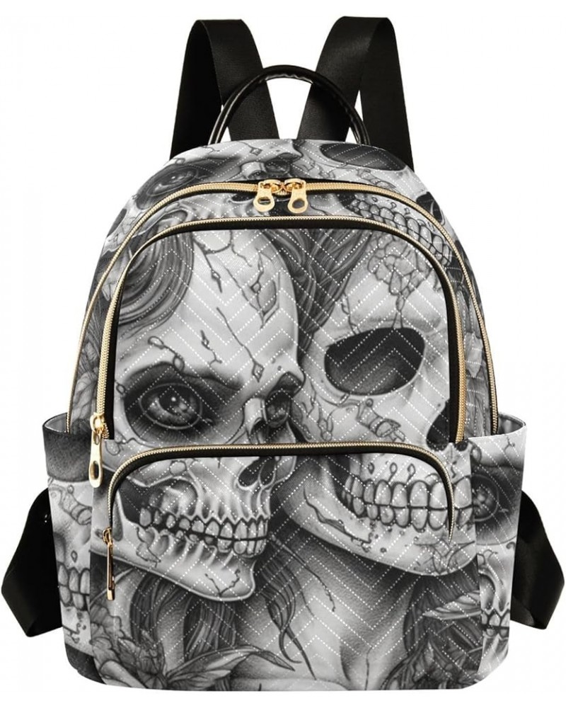 Women's Medium Fashion Backpack Black White Skulls Floral Print Ladies Travel Daypack Aesthetic Shoulder Bag 10.2×5.1×12.5 IN...