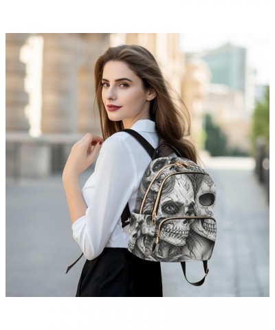 Women's Medium Fashion Backpack Black White Skulls Floral Print Ladies Travel Daypack Aesthetic Shoulder Bag 10.2×5.1×12.5 IN...